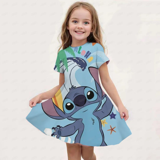 Summer New Children's Clothing 3d Printed Romantic Stitch Cute Girl Short-Sleeved Dress 3-14 Years Old Kids Performance Clothing