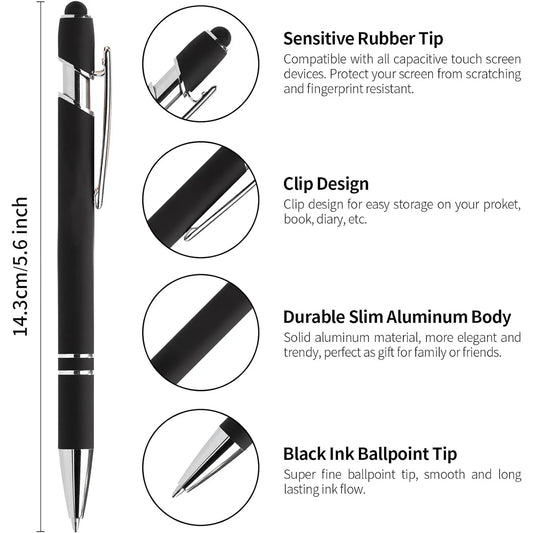12 Pcs of Metal Aluminum Handle Push Pen Simple Can be Used for Writing and Touch Screen 2 in 1 Ballpoint Pen for Students