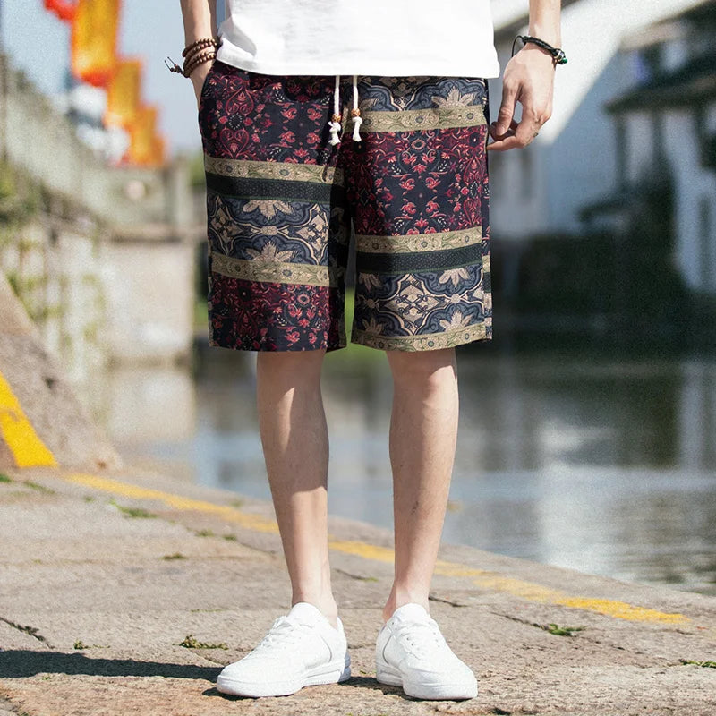 2025 Summer New Boutique Flower Cotton Linen Men's Casual Beach Shorts Men's Comfortable Breathable Leisure Shorts Male XXXXXL