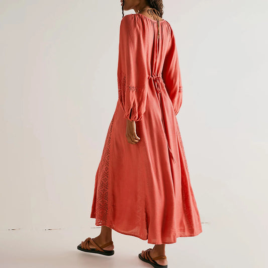 Imcute Women's V Neck Lace Patchwork Boho Cutout Loose Swing Long Sleeve Tie Waist Cocktail Wedding Party Maxi Spring Fall Dress