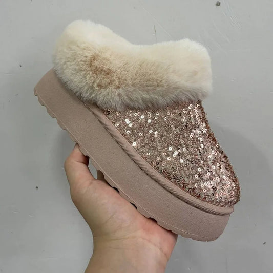 2024 New Faux Fur Winter Boots Women Fashion Sequined Cloth Warm Snow Boots Woman Non-Slip Thicken Plush Ankle Booties Plus Size