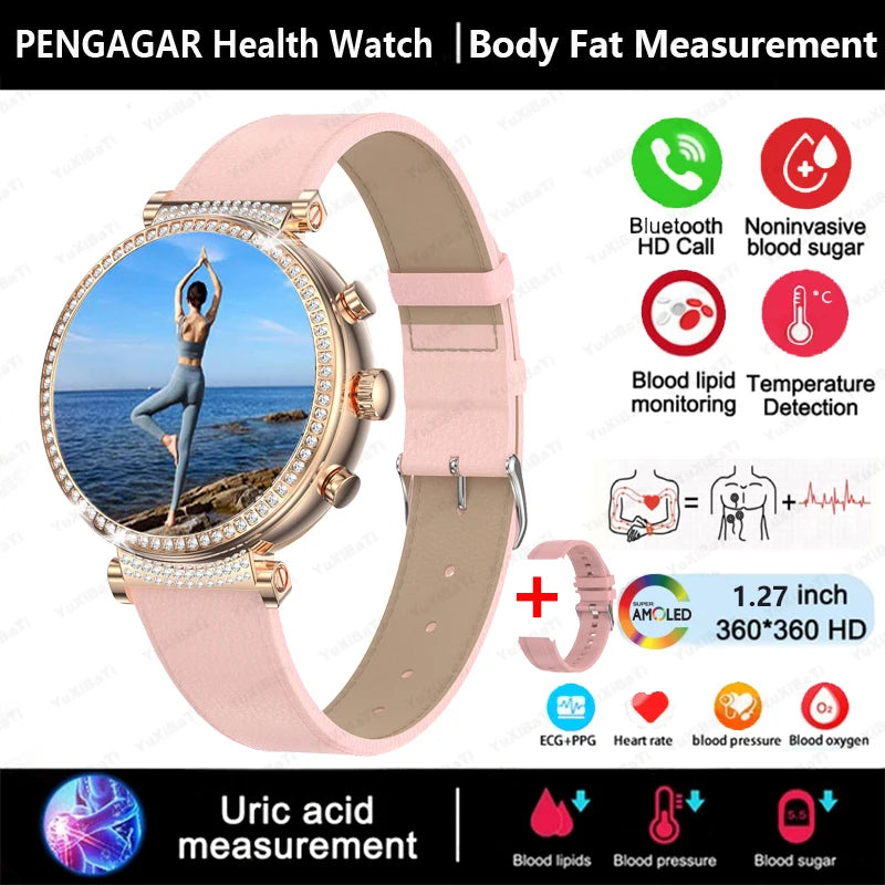 2024 New Women Medical Grade Smart Watch Blood Glucose Uric Acid Blood Lipid Menstrual Health Tester BT Talking smartwatch Women