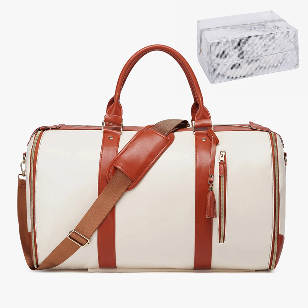 Carry On Garment Bag 55L Large Pu Leather Duffle Bag Waterproof With Shoe Pouch For 2 In 1 Hanging Suitcase Suit Travel Bags
