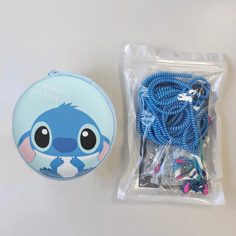 Disney Stitch Data Cable Protective Cover Miniso Cartoon Figure Iphone Charger Head Sticker Earphone Line Usb Winder Storage Bag