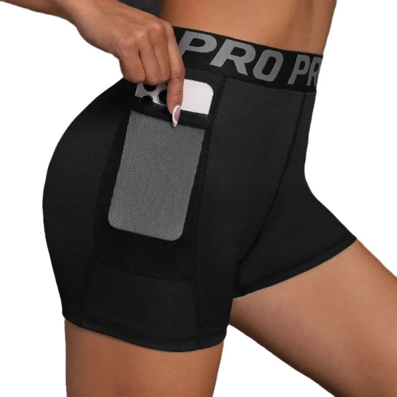 Women Seamed with Pocket Three Point Pants Yoga Shorts High Waist Letter Elastic Butt Lift Leggings Gym Trainning Slim Leggings