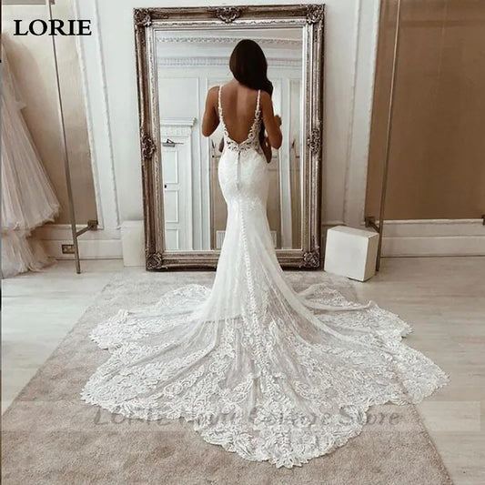 LORIE Lace Mermaid Wedding Dresses Spaghetti Strap Soft Tulle Bridal Gowns Sleeveless Vintage Country Wedding Gown Customized