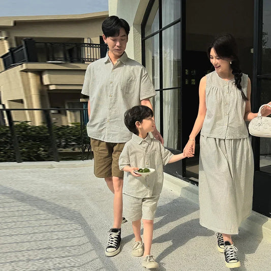 Korean Style 2025 Summer Mother Father Kids Matching Outfits Striped Print Two Pieces Suit Children's Clothing Set Family Look