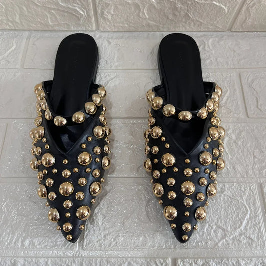 Pointed Toe Slippers for Women Rivets Studded Summer Gladiator Sandals Flat Beach Shoes Ladies Outside Slides Punk Style Mules