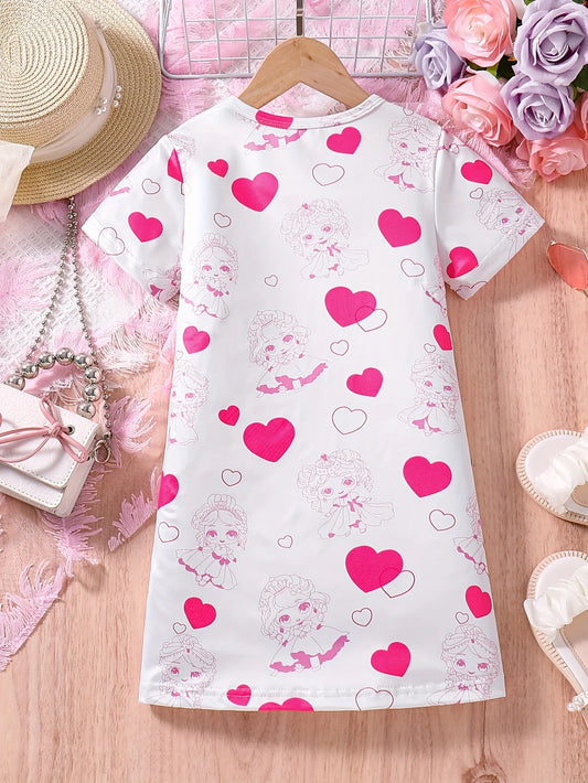 Girl's Cartoon Princess Love Printed Short Sleeved Dress Summer