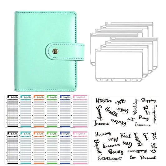 A7 PU Leather Notebook Binder Budget Plan Organizer Binder Cover 6 Binder Pockets And 12 Pcs Expense Budget Sheets Sticker