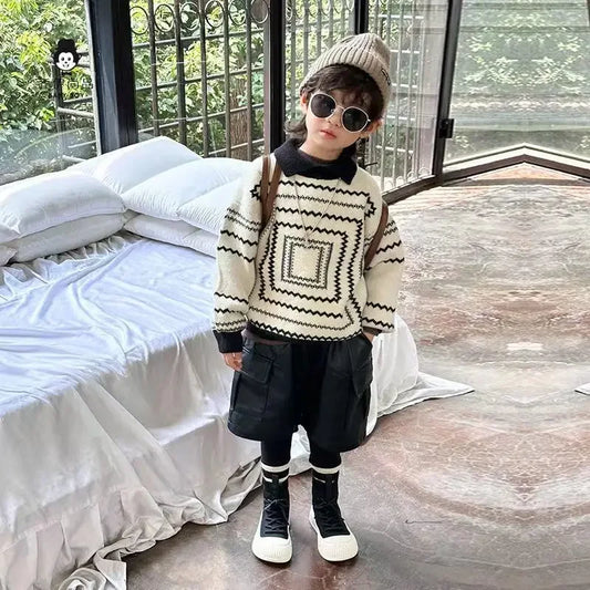Korean Children's Sweaters Retro Style Boys Fall and Winter Thickening New Winter Baby Knit Shirt Lapel Polo Collar Knit Sweater