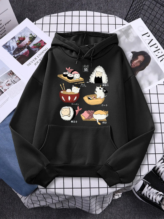 Sushi Cat's Day Harajuku Printed Hoody Womens Fashion Loose Clothing Autumn Fleece Sweatshirt Casual O-Neck Female Streetwear