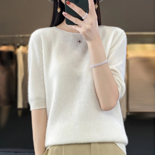 Fashion short sleeve 100% merino wool sweater basic O-neck cashmere women's knitted top pullover sweater top