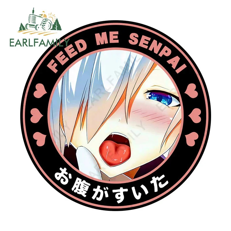 EARLFAMILY 13cm Feed Me Senpai Car Stickers Ahegao Windows Laptop Vinyl Car Wrap Decal Anime Waterproof Car Accessories