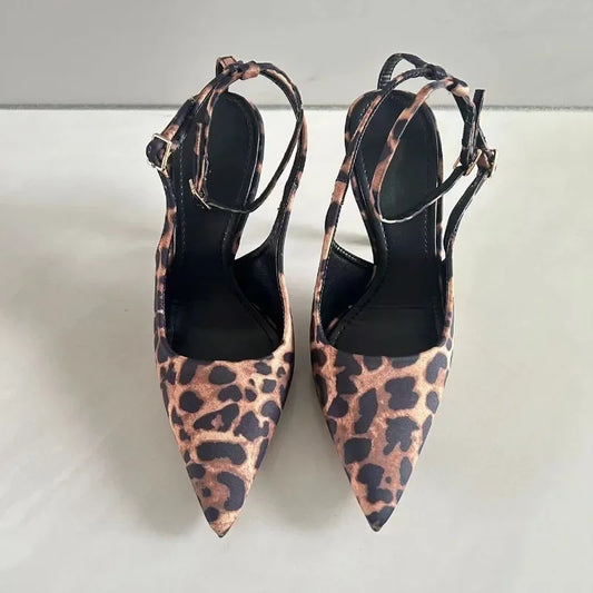 Leopard Print Pointed Toe Office Lady Shoes 2024 Autumn Designer Shallow Stilettos Large Size Ankle Strap Women High Heels Pumps