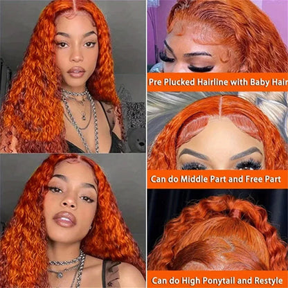 200 Density Ginger Orange Curly Wigs Human Hair 30 36 Inch 13x6 Lace Front Wig 350 Colored Deep Wave 13x4 Lace Frontal For Woman