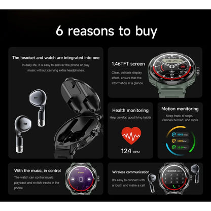 Headset Smart Watch Men TWS 2 in 1 Wireless BluetoothCall Earphone NFC Blood Pressure Heart Rate Testing Health Sport Smartwatch