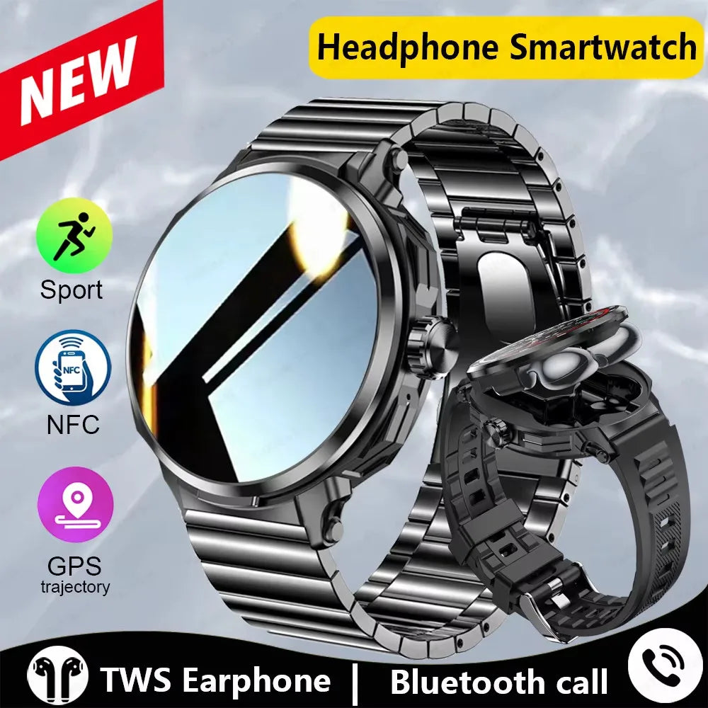 Headset Smart Watch Men TWS 2 in 1 Wireless BluetoothCall Earphone NFC Blood Pressure Heart Rate Testing Health Sport Smartwatch