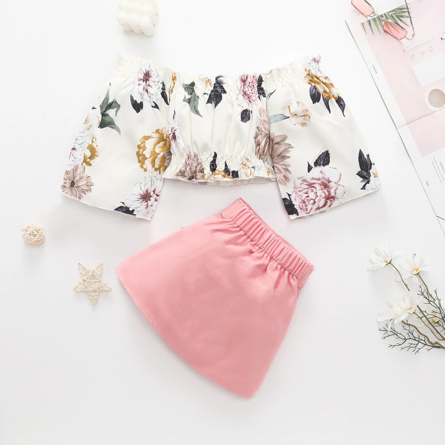 1-6Y Summer Toddler Baby Kid Girl Clothes Set Floral Off Shoulder Crop Top Skirts Outfits Children Girls Costumes