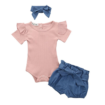 Summer Newborn Baby Girl Clothes Set Solid Color Short Sleeve Ruffle Romper Tops Flower Short Pants Headband 3Pcs Infant Outfits