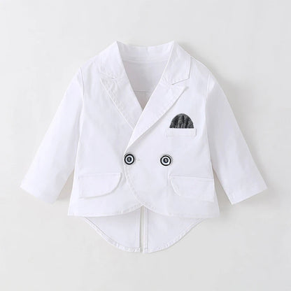 White Baby Baptism Formal Dress for Boys Romper with Coat Hat 6 PCS Infant Solid Birthday Wedding Suit Newborn Cotton Fall Set