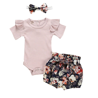 Summer Newborn Baby Girl Clothes Set Solid Color Short Sleeve Ruffle Romper Tops Flower Short Pants Headband 3Pcs Infant Outfits