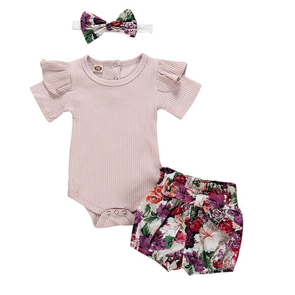 Summer Newborn Baby Girl Clothes Set Solid Color Short Sleeve Ruffle Romper Tops Flower Short Pants Headband 3Pcs Infant Outfits