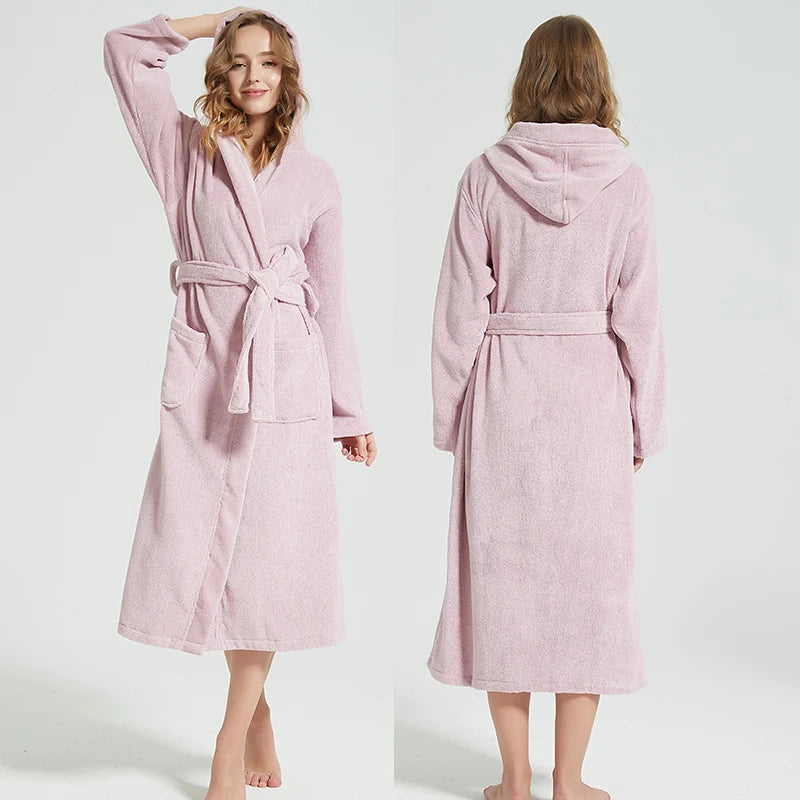 Hooded Bathrobe for Men, 100% Cotton, Thick Warm Towel, Fleece Cotton Dressing Gowns, Long Bath Robe, Hotel Spa, Soft Bridesmaid