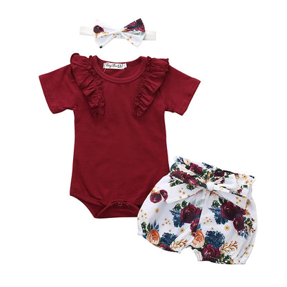 Summer Newborn Baby Girl Clothes Set Solid Color Short Sleeve Ruffle Romper Tops Flower Short Pants Headband 3Pcs Infant Outfits
