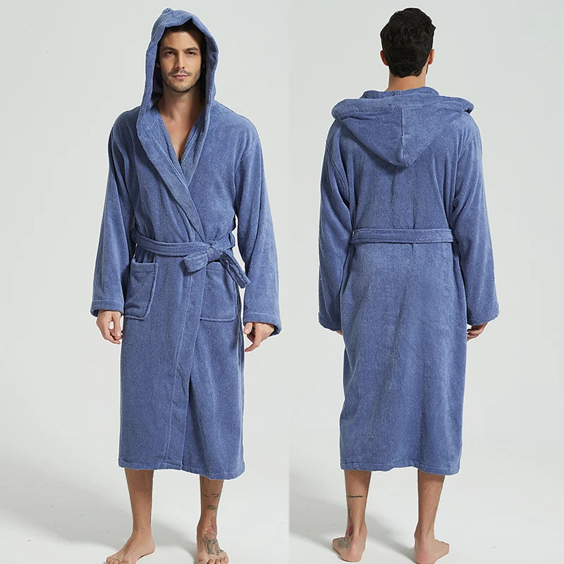 Hooded Bathrobe for Men, 100% Cotton, Thick Warm Towel, Fleece Cotton Dressing Gowns, Long Bath Robe, Hotel Spa, Soft Bridesmaid
