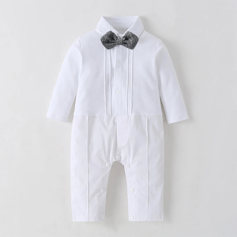 White Baby Baptism Formal Dress for Boys Romper with Coat Hat 6 PCS Infant Solid Birthday Wedding Suit Newborn Cotton Fall Set