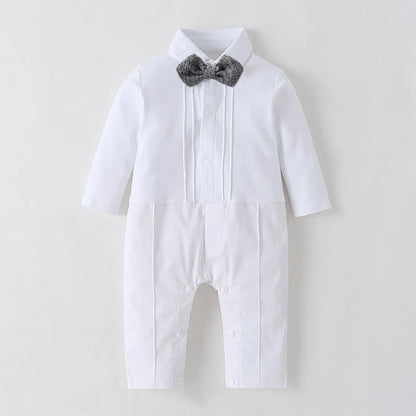 White Baby Baptism Formal Dress for Boys Romper with Coat Hat 6 PCS Infant Solid Birthday Wedding Suit Newborn Cotton Fall Set
