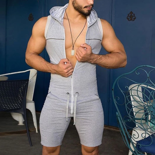 Men's Casual Sleeveless Jumpsuit Breathable Bodysuit Zipper Hooded Rompers Shorts Skinny Home Wear Tracksuit Pajamas 2025 New