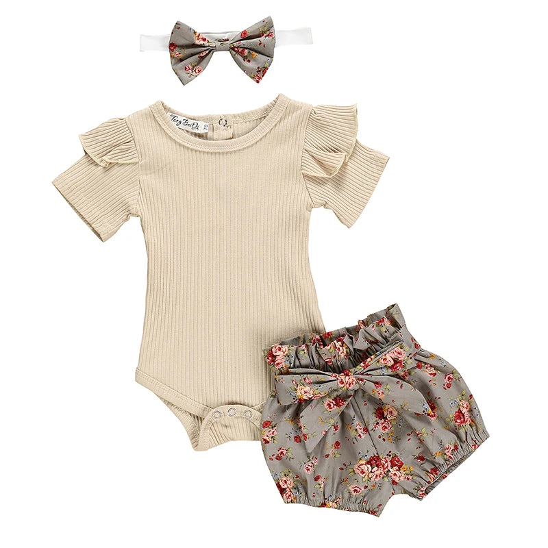 Summer Newborn Baby Girl Clothes Set Solid Color Short Sleeve Ruffle Romper Tops Flower Short Pants Headband 3Pcs Infant Outfits