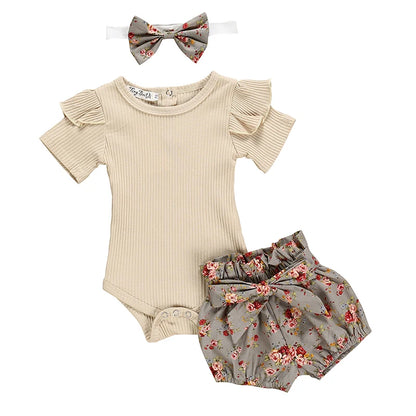 Summer Newborn Baby Girl Clothes Set Solid Color Short Sleeve Ruffle Romper Tops Flower Short Pants Headband 3Pcs Infant Outfits