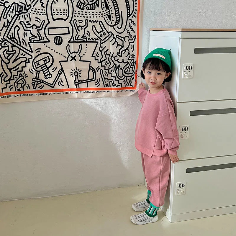 MILANCEL Autumn Casual Waffle Kids Clothing Girls Sets Solid Children Suit Pullover Hoodies and Pants 2Pcs