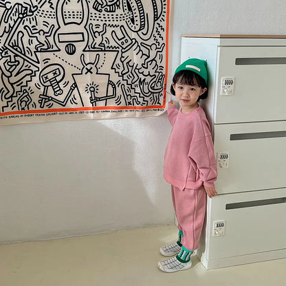 MILANCEL Autumn Casual Waffle Kids Clothing Girls Sets Solid Children Suit Pullover Hoodies and Pants 2Pcs