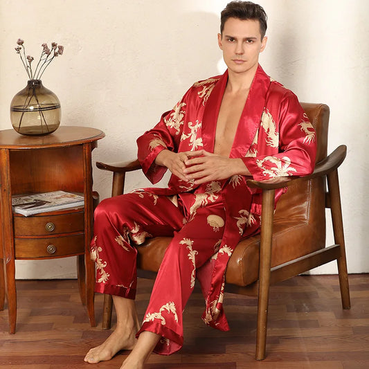 Male Satin Sleepwear Robe&Pants Dargon Pajamas Set Print Men Nightwear Kimono Bathrobe Gown Faux Silk Lounge Wear Home Clothes
