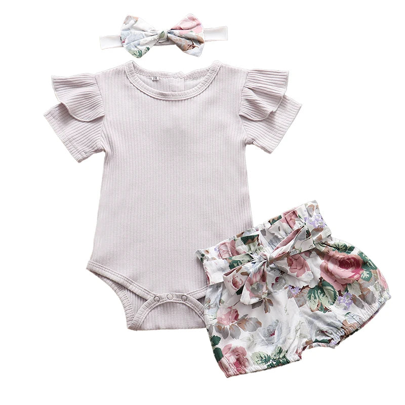 Summer Newborn Baby Girl Clothes Set Solid Color Short Sleeve Ruffle Romper Tops Flower Short Pants Headband 3Pcs Infant Outfits