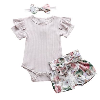 Summer Newborn Baby Girl Clothes Set Solid Color Short Sleeve Ruffle Romper Tops Flower Short Pants Headband 3Pcs Infant Outfits