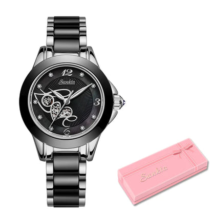 SUNKTA Brand Luxury Women Watches Black Ceramic Diamond Ladies Watch Waterproof Quartz Wristwatch Relogios Femininos Clock Gift