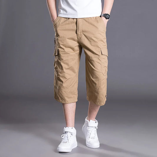 Summer Men's Baggy Multi Pocket Cargo Straight Shorts breeches Male Long Army Green Khaki Mens Loose Short Plus Size 5XL