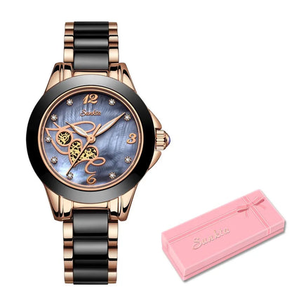 SUNKTA Brand Luxury Women Watches Black Ceramic Diamond Ladies Watch Waterproof Quartz Wristwatch Relogios Femininos Clock Gift