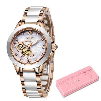 SUNKTA Brand Luxury Women Watches Black Ceramic Diamond Ladies Watch Waterproof Quartz Wristwatch Relogios Femininos Clock Gift