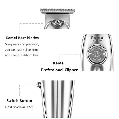 Kemei 1949 Professional Hair Clipper All Metal Men Electric Cordless Hair Trimmer 0mm Baldheaded T Blade Finish Haircut Machine