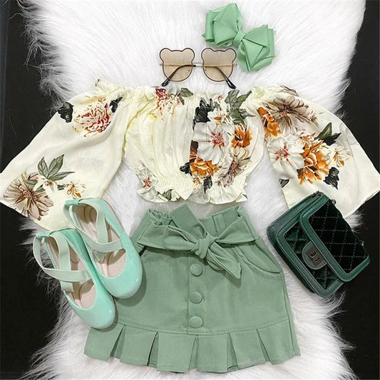 1-6Y Summer Toddler Baby Kid Girl Clothes Set Floral Off Shoulder Crop Top Skirts Outfits Children Girls Costumes