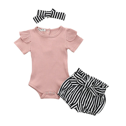 Summer Newborn Baby Girl Clothes Set Solid Color Short Sleeve Ruffle Romper Tops Flower Short Pants Headband 3Pcs Infant Outfits