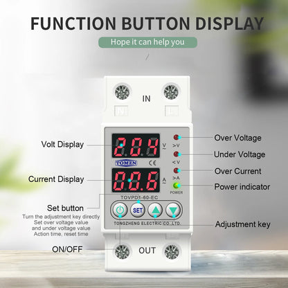 Din Rail Dual Display Adjustable Over Voltage Current and Under Voltage Protective Device Protector Relay 40A 63A 80A 220V 230V