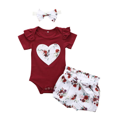 Summer Newborn Baby Girl Clothes Set Solid Color Short Sleeve Ruffle Romper Tops Flower Short Pants Headband 3Pcs Infant Outfits