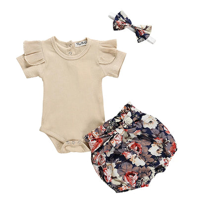 Summer Newborn Baby Girl Clothes Set Solid Color Short Sleeve Ruffle Romper Tops Flower Short Pants Headband 3Pcs Infant Outfits